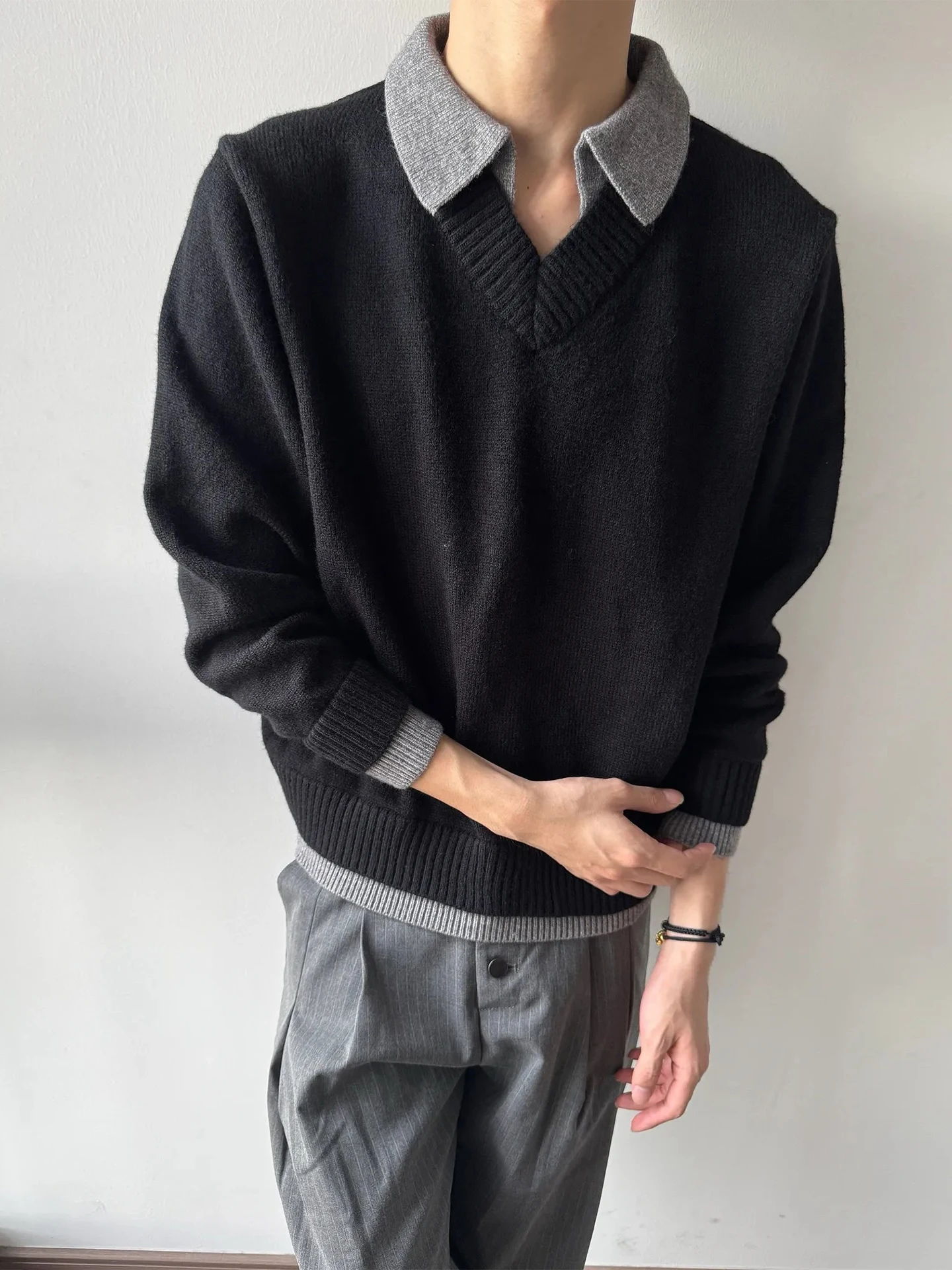 

Мужской вязаный свитер свободного кроя с воротником, осенне-зимний, повседневный, с длинными рукавами, V-образным вырезом, имитация двухслойного, стильный верхний одяг