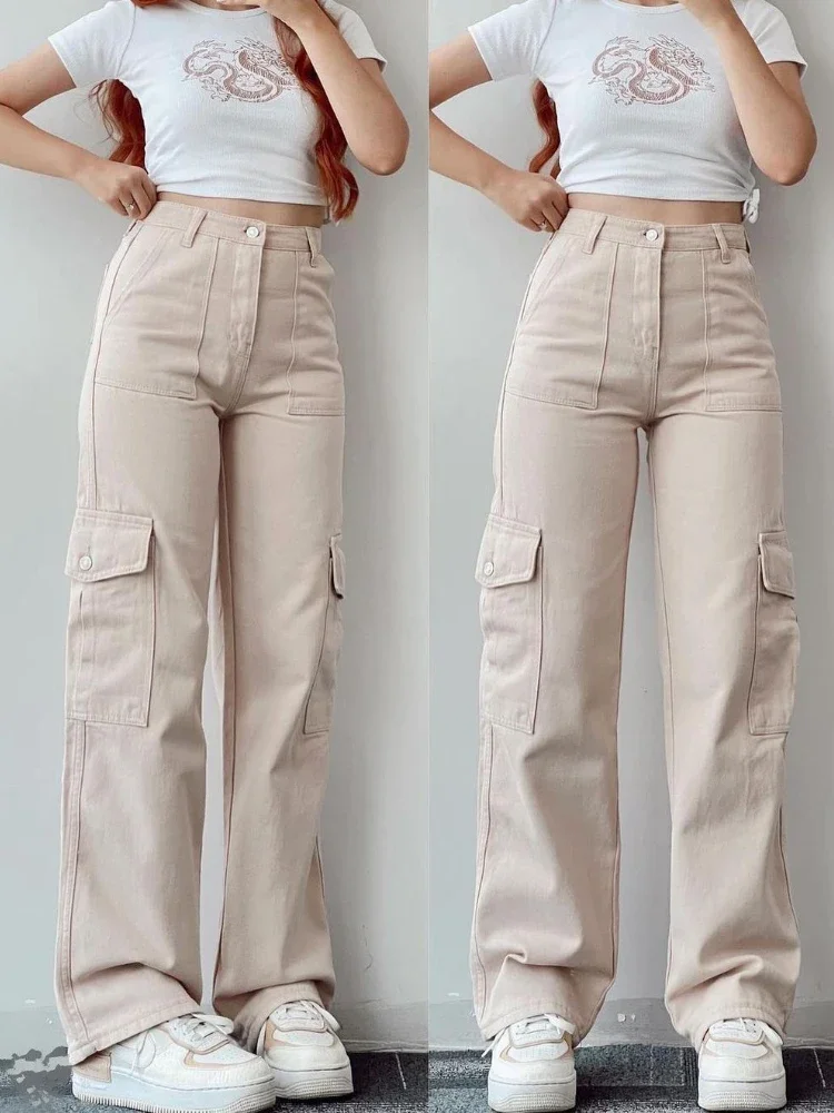 New Straight Cargo Pants Women High Waist Baggy Trousers Casual Wide Leg Slim Vintage Y2K Streetwear Pocket Fashion Casual Pants