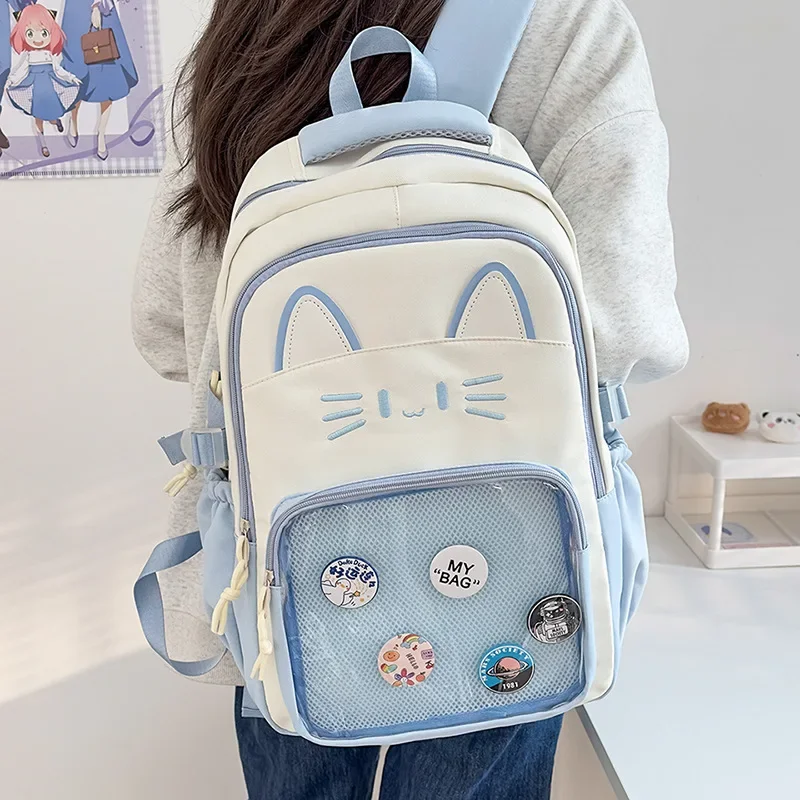 Y2K Cute Cat Ita Backpacks Large Capacity Knapsack Casual Girl Transparent DIY Display Rucksack Cartoon Trendy Travel Schoolbags