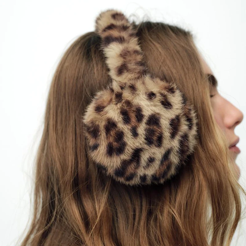 1 pçs leopardo impressão macio pelúcia aquecedores de orelha para mulheres inverno quente earmuffs moda ao ar livre frio dobrável earmuffs