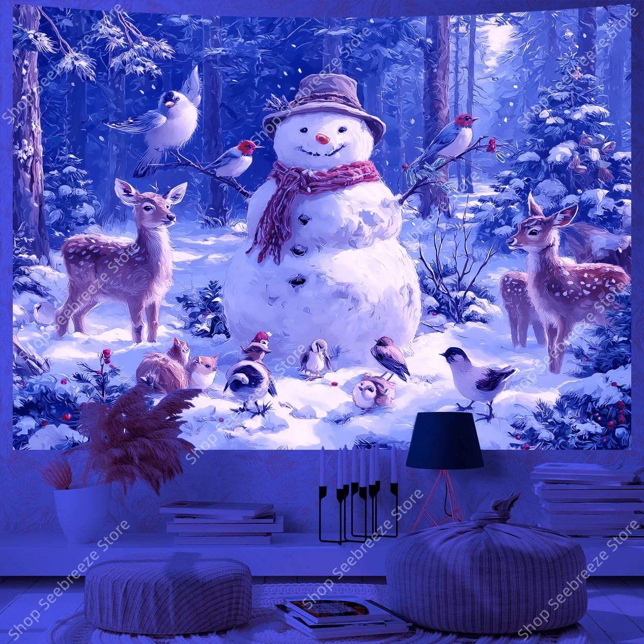 Winter Wonderland Snowman UV Tapestry with Deer and Birds in Snowy Forest Cozy Wall Hanging for Living Room Bedroom Office Decor