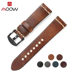 Crazy Horse Oil Wax Genuine Leather Strap 20mm 22mm Stainless Steel Buckle Men Quick Release Replacement Bracelet Watch Band