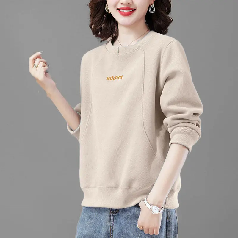 Spring and Autumn Women\'s Solid Color O-Neck Long Sleeve Spliced Embroidery Letter Loose Pullovers Classic Fashion Casual Tops