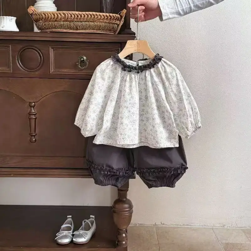 Girls' Fashion New Style Children's Forest style Fragrant Flower Ear Collar Shirt+Pants 2-piece Set Spring and Autumn Set