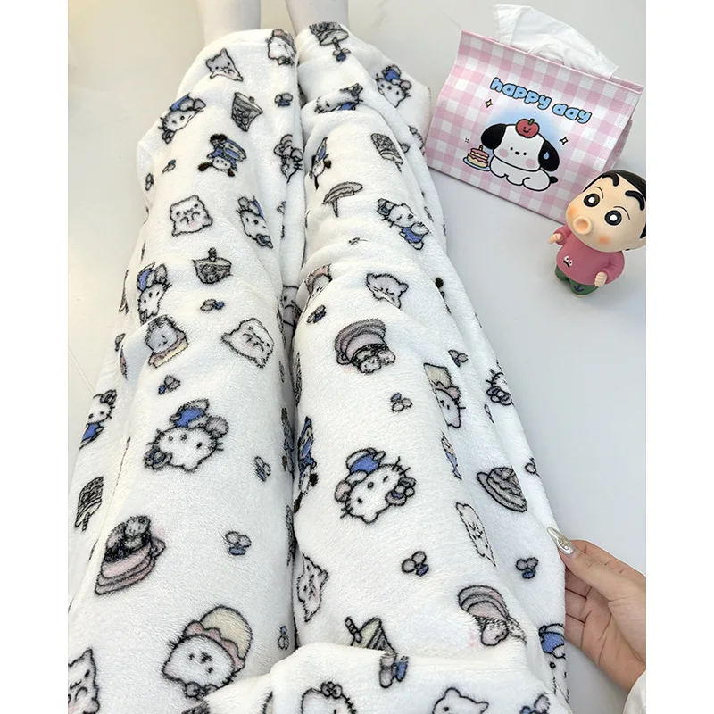 Cartoon Hello Kitty Sanrio Kawaii Y2K Flannel Sleeping Pants Autumn Winter New Thick Plush Warm Casual Home Pants Toys for Kids