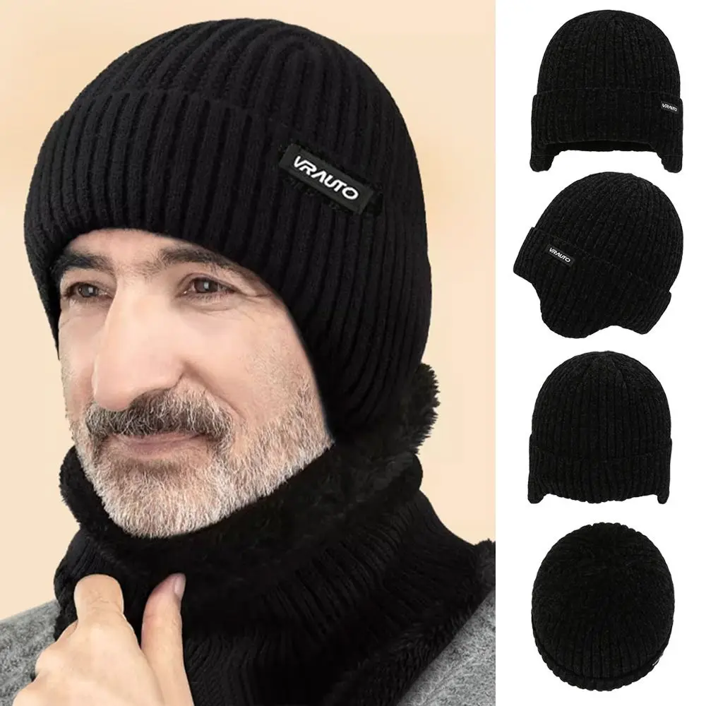 Men Soft Windproof Knitted Hat Fleece-Lined Wool Hats Solid Color Ear Protection Warm Thick Outdoor Winter Hat