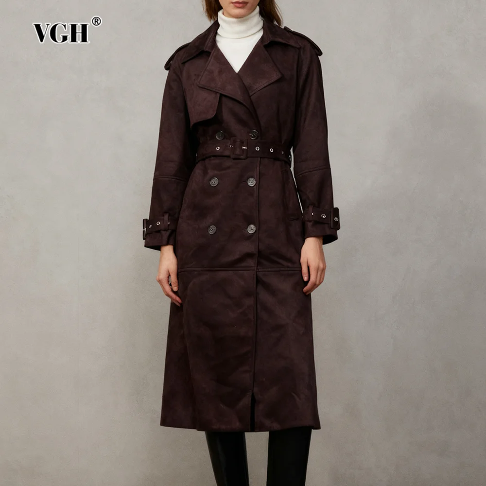 

VGH однотонная темпераментная замшевая ветровка для женщин с лацканами и длинным рукавом, осеннее элегантное пальто, женский модный стиль, новинка