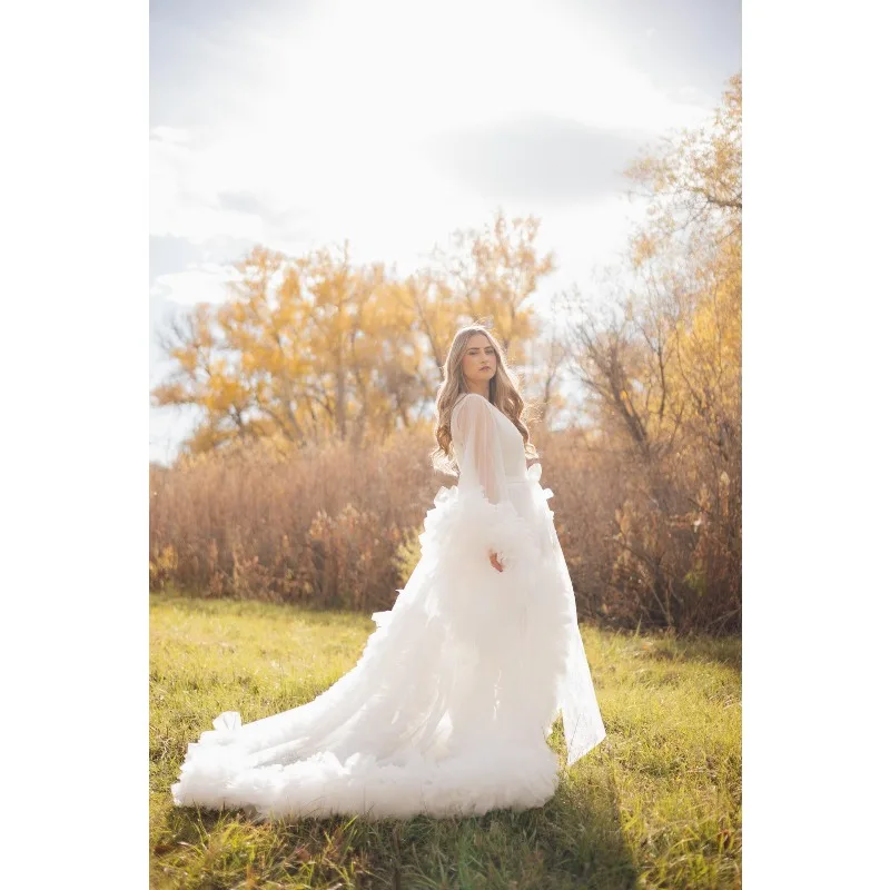 Elegant Tulle Maternity Gown with Ruffled V-Neck & Lace-Up Back – Oversized Slit Dress for Wedding Guest, Photoshoot&Bridal Robe