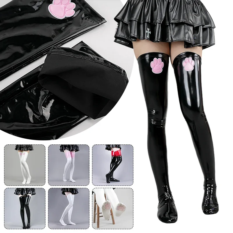 Chaussettes longues brillantes en latex pour femmes, cuir patte de chat mignon, cuisse haute, club de fête, cosplay, lingerie sexy, bas de combinaison maigre