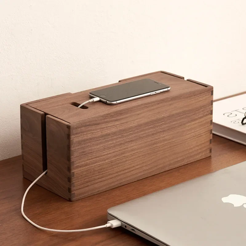 Walnut Socket Storage Box, Wooden Cable Organizer, Space-Saving Power Container, Simple Home WiFi Charger Box, Neat Power Keeper