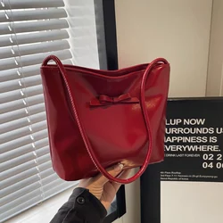 Trend Bow Red Bucket Bags For Women 2024 New Simple Commuting Handbags Korean Pu Leather Casual Versatile Female Shoulder Bag