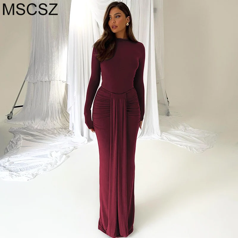 MSCSZ Long Sleeve Maxi Dress Suit Women Bodysuit And Skirt Sets 2 Piece Outfits Autumn Winter Party Festival Outfits