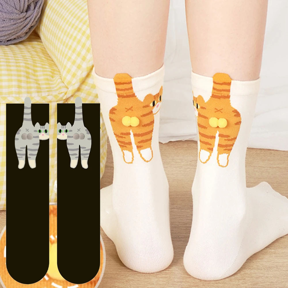 

1/2Pair Cartoon Cute Cat Balls Cotton Socks Kawaii Lolita Knitting Socks Women Girls Middle Tube Sleep Sock Cat Print Floor Sock