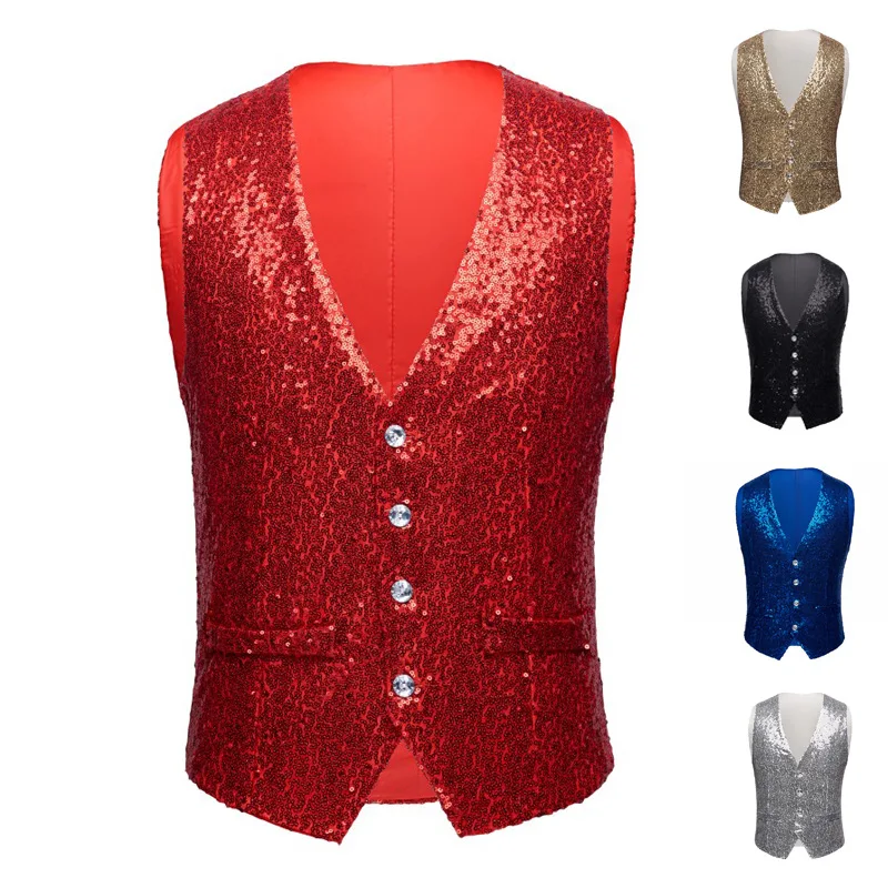 

Vests Single Breasted V Neck Sleeveless Coat Party Vest Sequins Button Cardigan Casual Spring Loose Fit Spliced Patchwork