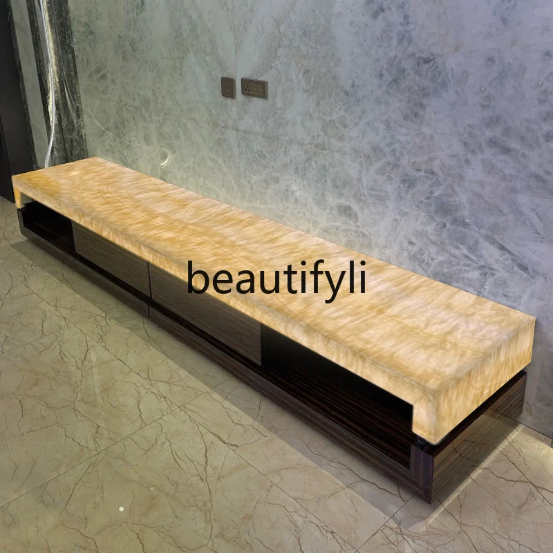 Simple European natural marble TV cabinet, high-end luminous luxury stone TV cabinet