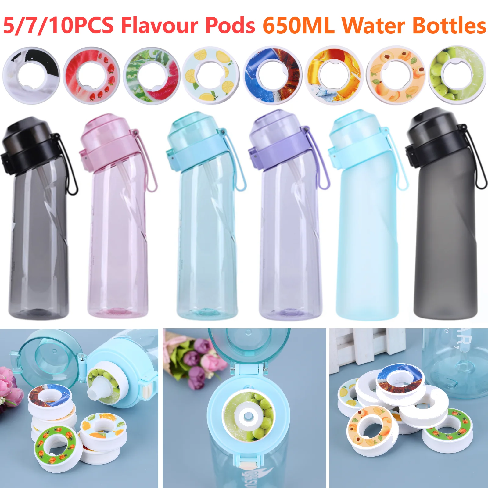 650ML Leak-Proof Scent Flavored Water Bottle with 5/7/10Pcs Flavor Pods Air Water Up Bottle Portable for Travel Climbing Hiking