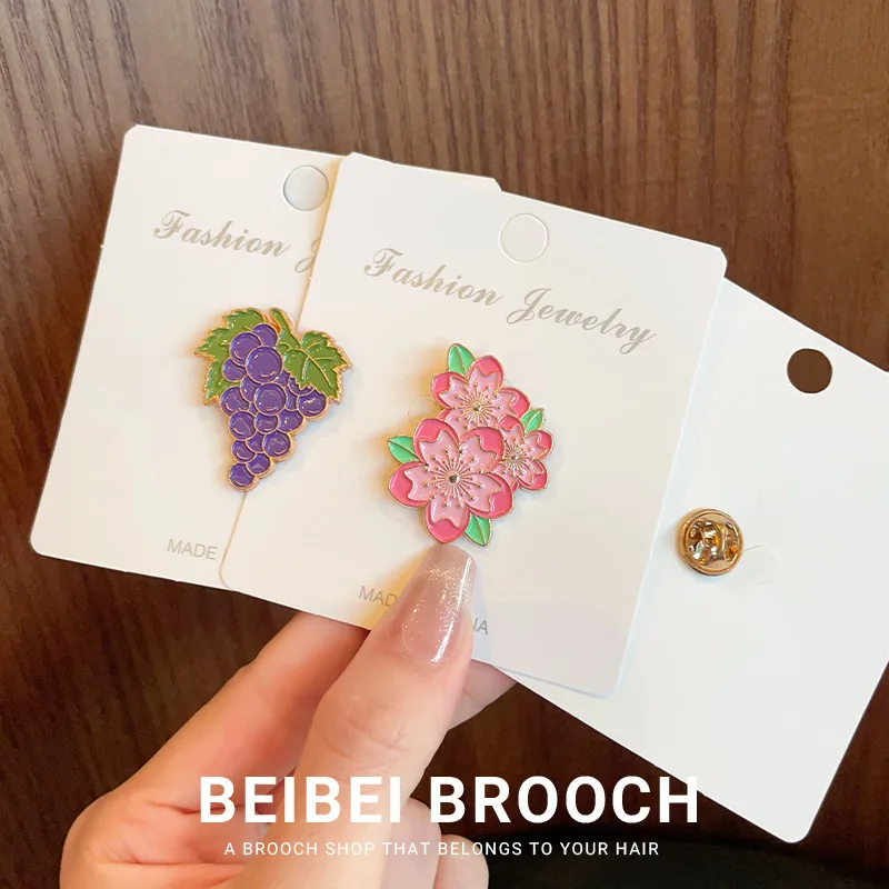 Kawaii Sakura & Grape Brooches,Fruit Enamel Pins, Minimalist Alloy Badges for Spring Fashion,Metal Flower Pin Wholesale