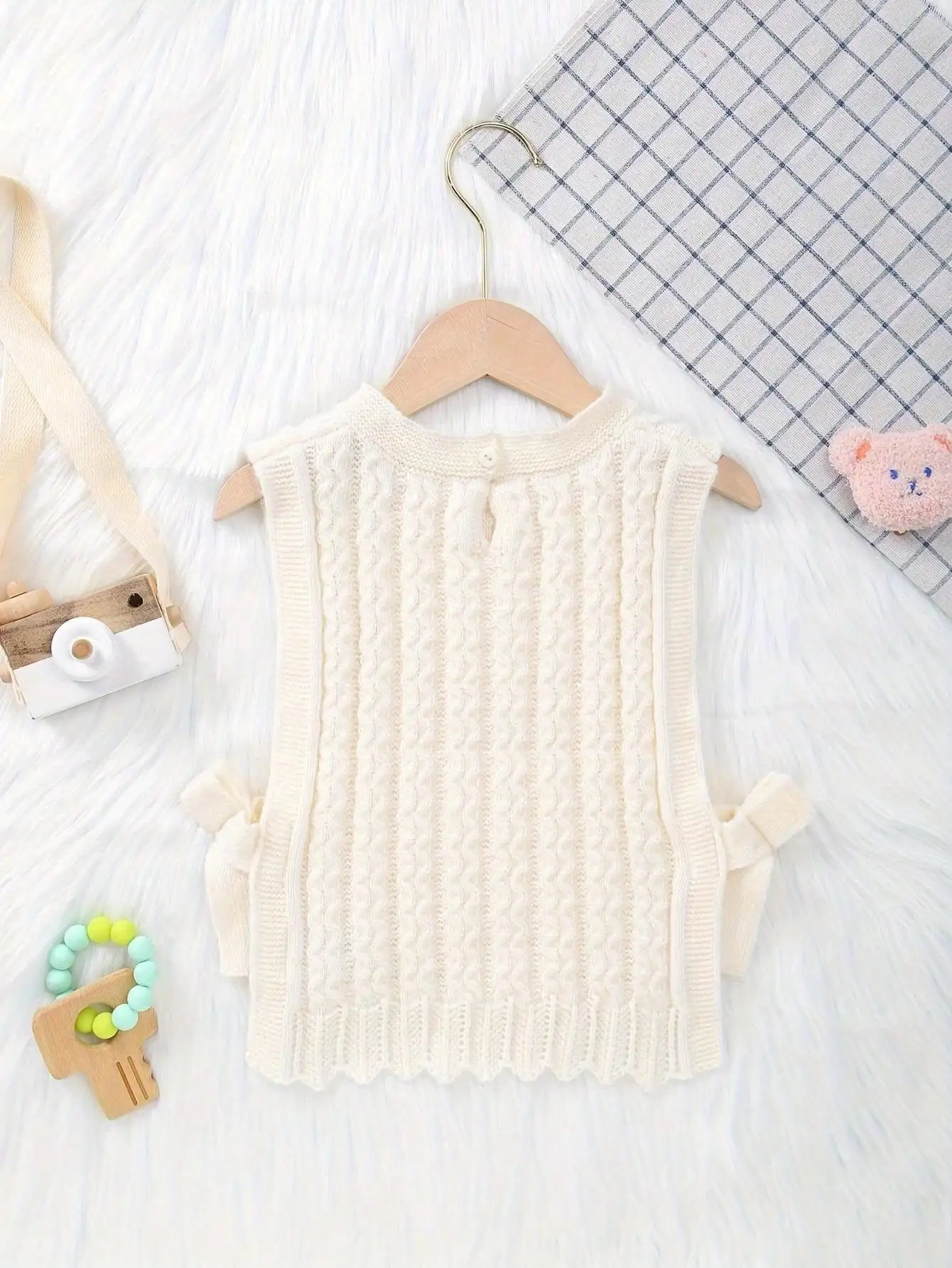 Baby Spring and Summer Casual Sweater with Three-Dimensional Bow and Cable Knit Vest