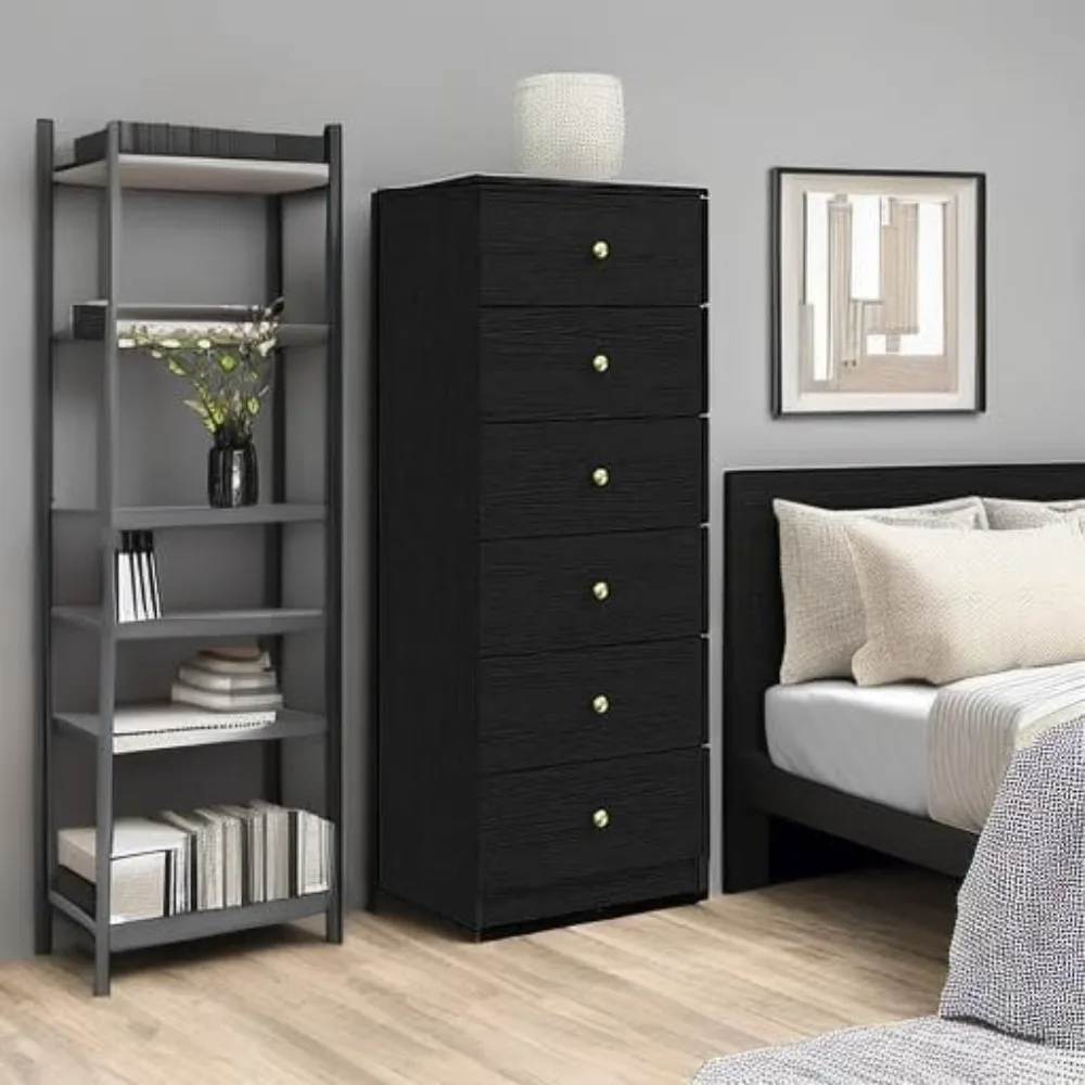 Commode verticale moderne à 6 tiroirs, commode haute en bois, organisateur de rangement en flèche avec tiroirs larges et poignées en métal doré pour