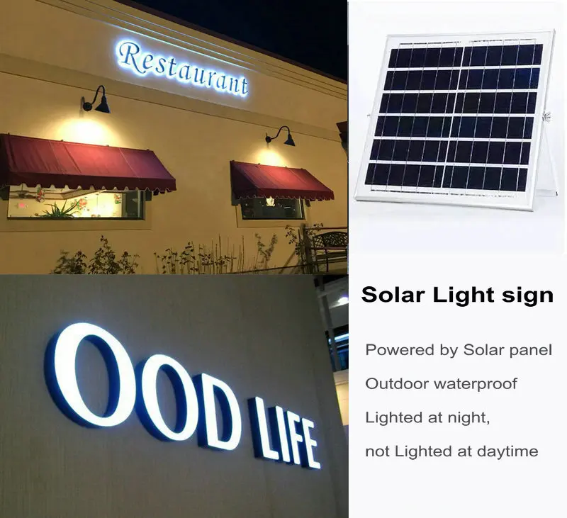 Custom Outdoor Solar shop front sign board led channel letters business logo 3D led solar illuminated letters