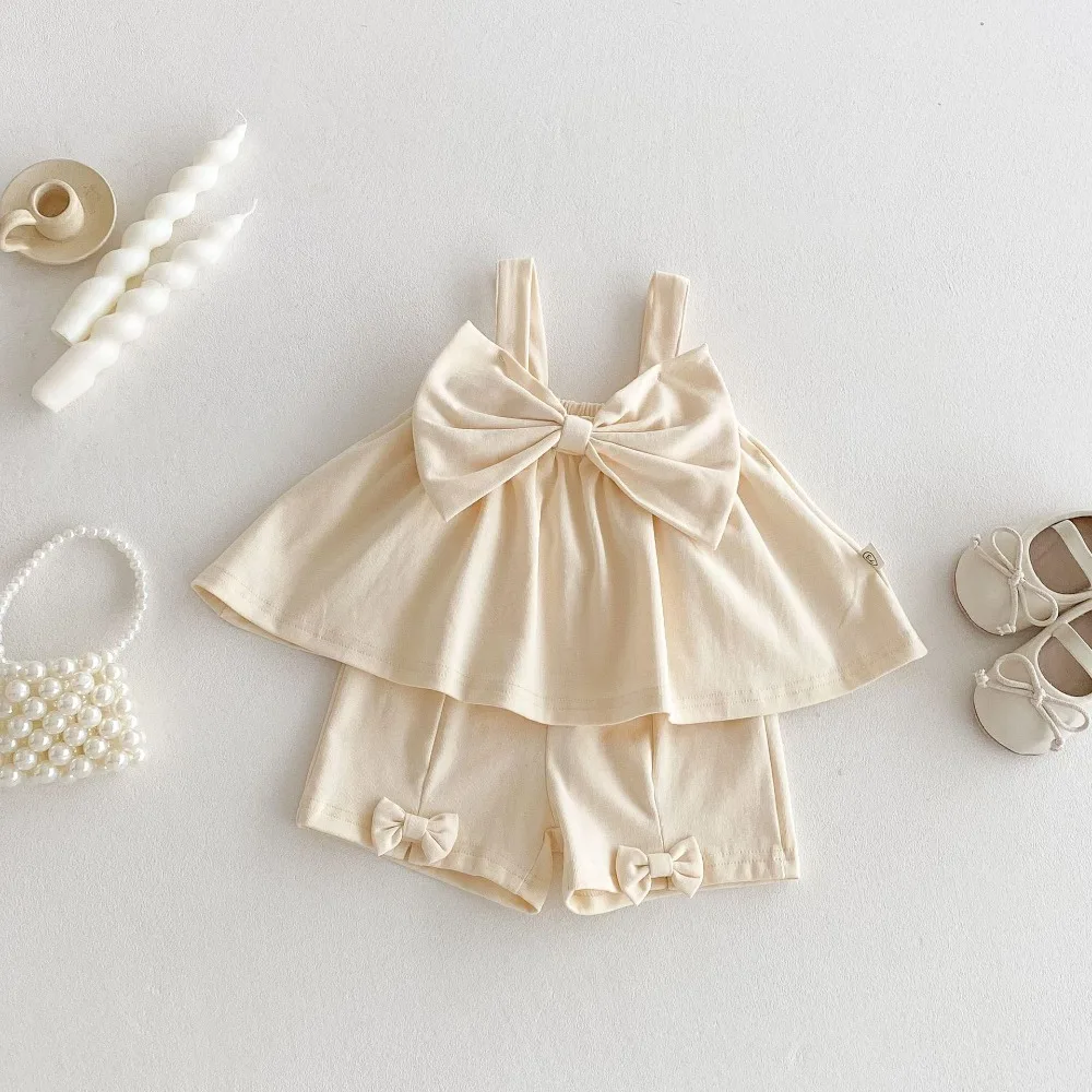 2026 Summer Baby Girl Clothing Set 0-3Years Cute Newborn Kids Sleeveless Bow Tank Tops+Short Bottom 2PCS Outfits Clothes