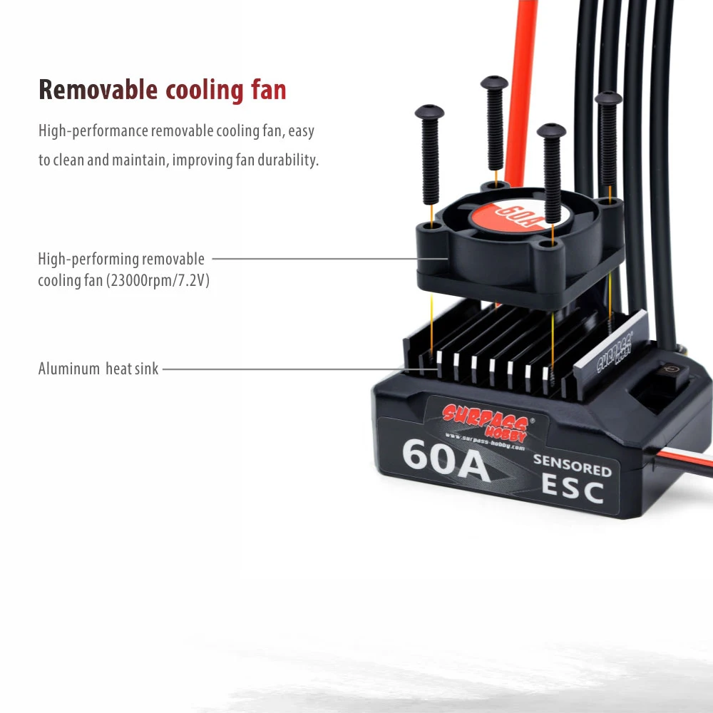 SURPASSHOBBY Brushless ESC 60A Sensored Electronic Speed Controller 6V/3A BEC For 1/10 1/12 RC Car For 380 390 540 Motors