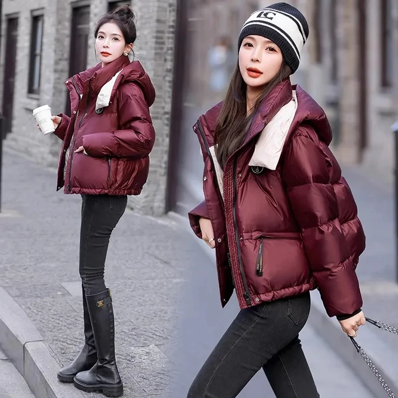 Contrast Down Cotton-Padded Jacket Women Short Hooded Winter 2025 New Warm Cotton Padded Coat Bread Coat Hooded Outerwear Female