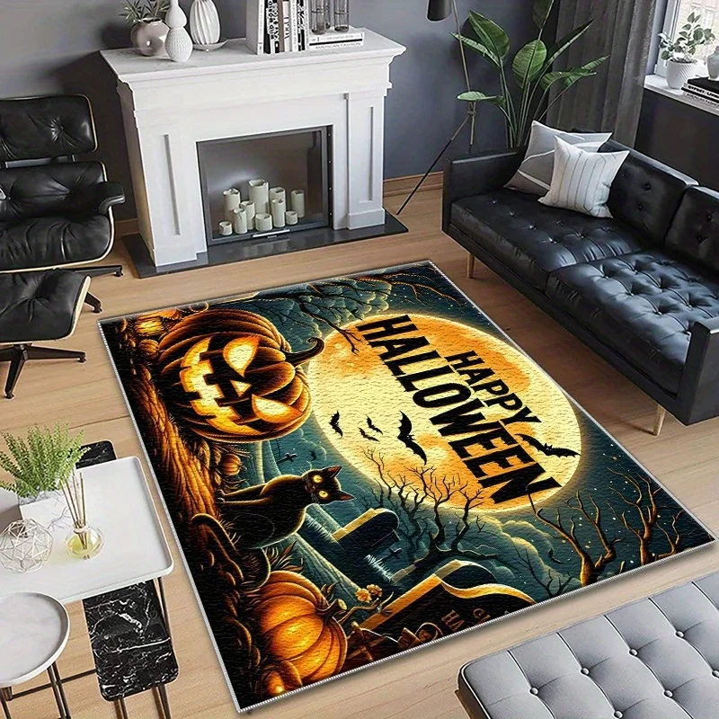 Halloween Rectangle Area Rug Red Moon Bat Dark Forest Print Home Living Room Floor Carpet Spooky Holiday Decor Mat