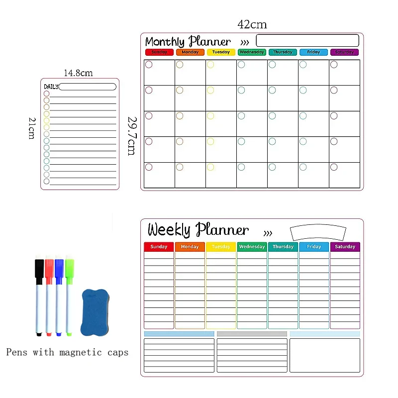 Calendario magnetico frigorifero Piano mensile e settimanale Lavagna calendario da tavolo Cancellabile a secco adesivo frigorifero bacheca A3
