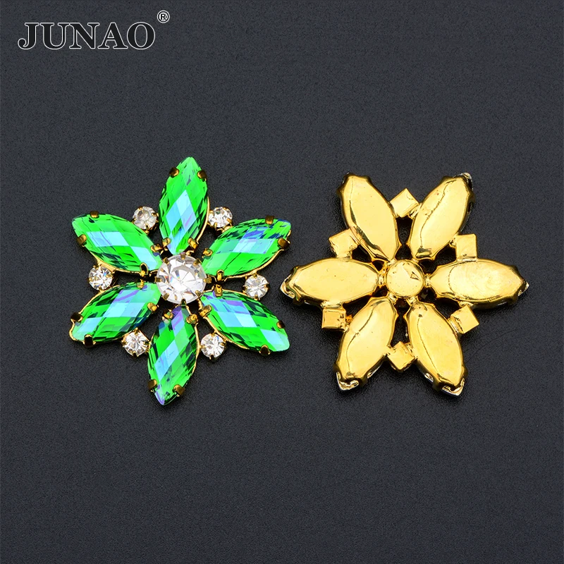 JUNAO 1pc 36mm Sew On Pink AB Glass Flower Rhinestones Gold Claw Crystal Applique Flatback Strass Sewing Stones for Dress Crafts