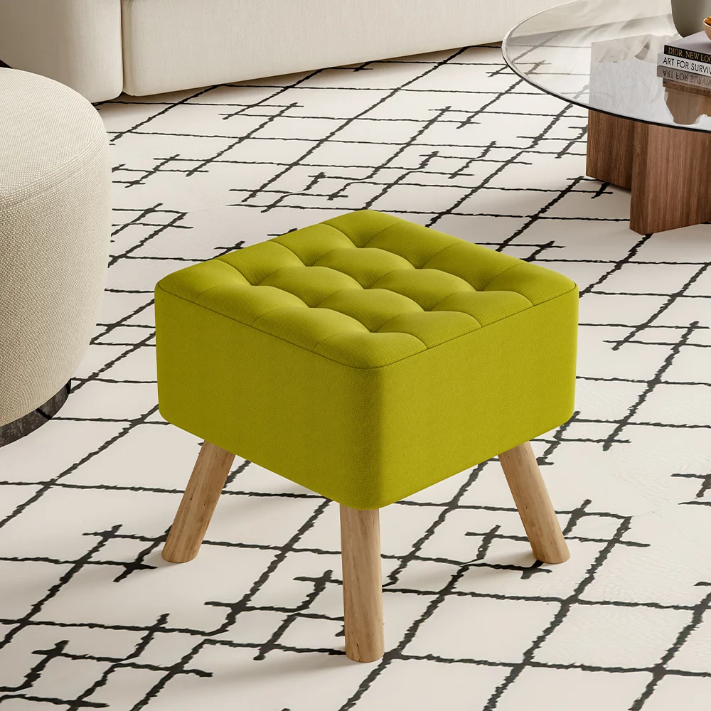 Green Linen Fabric Padded Wooden Leg Footstool for Living Room Home Office