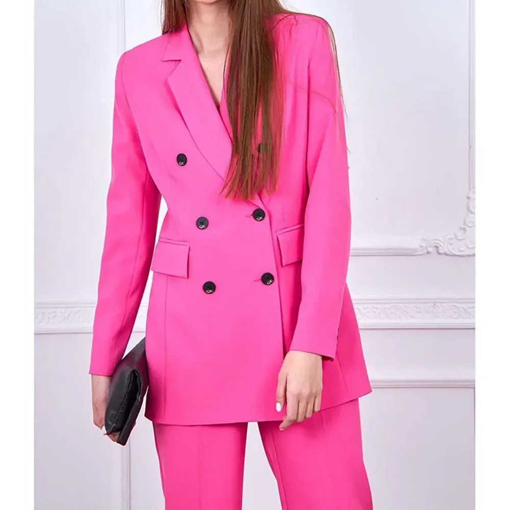 

Bright Pink Double Breasted Women's Suit Two Pieces (Jacket+Pants) New Fashion Slim Fit Women's Blazer Office Set