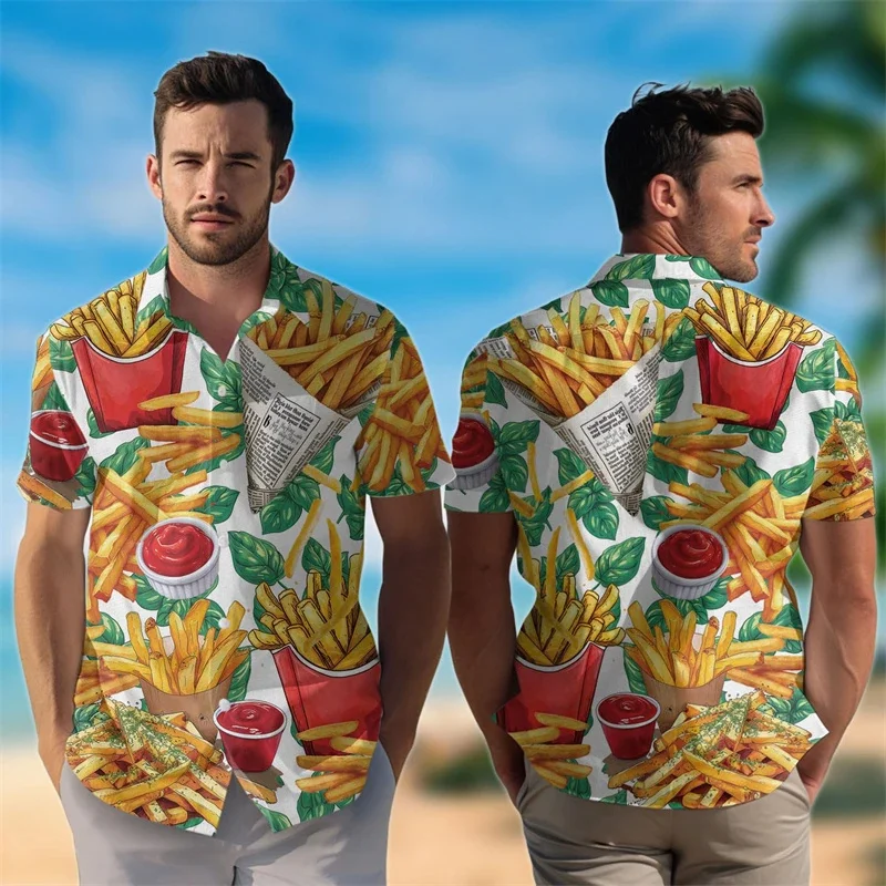 Delicious Food Graphic Hawaiian Shirt Men Cheese Bacon Noodle Chicken 3D Print Blouses Streetwear Button Lapel Tops Aloha Shirts