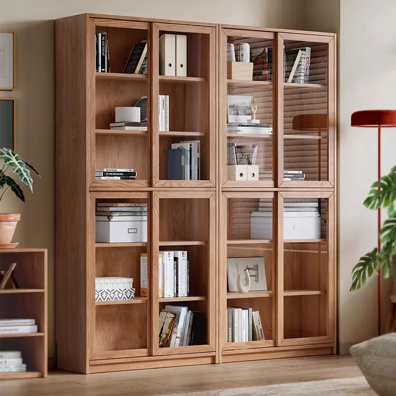 All solid wood oak living room bookcase integrated whole wall with glass door dust-proof sliding door shelf storage display