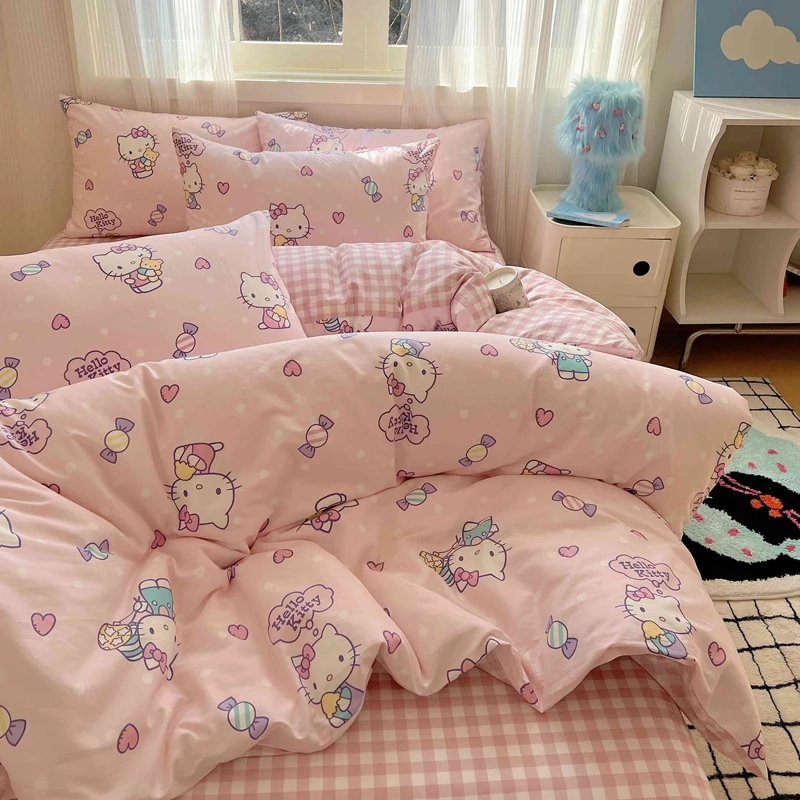 

Hello Kitty Pink Duvet Cover Cartoon Kids Bedding Set with 2 Pillowcase Queen King Size for Bedroom Bed for Children Teens