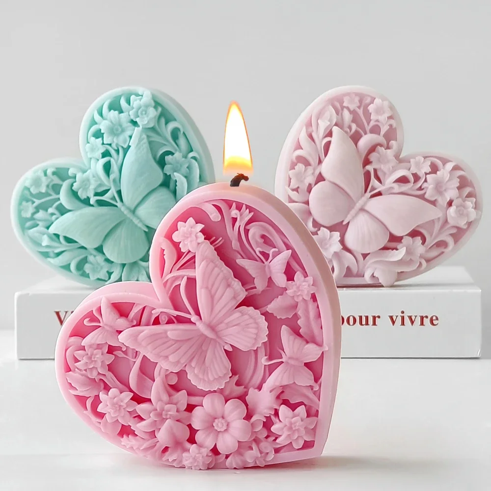 3D Relief Butterfly Flower Candle Making Tools Rose Heart Soap Silicone Molds Valentine’s Day Gift Chocolate Mould Wedding Decor