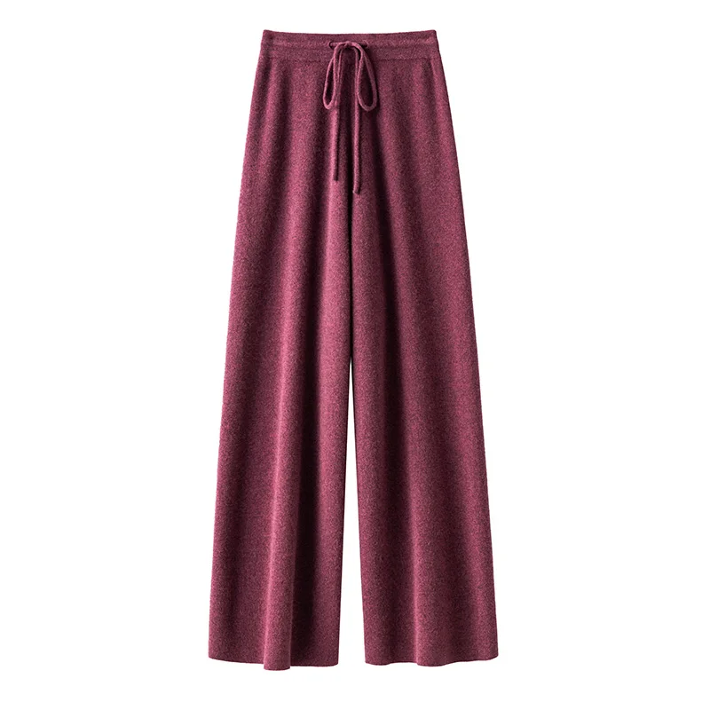 New 100% Australian Wool Women's Wide Leg Pants for Autumn and Winter Knitted Warm and Comfortable Women's Long Pants Solid colo