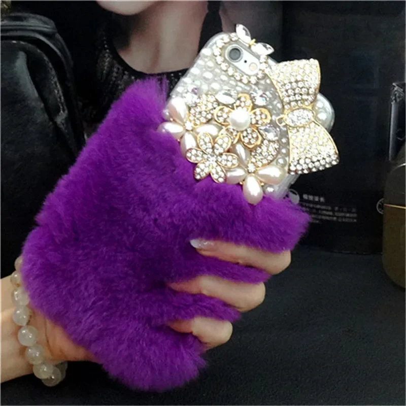 Luxury Bling Pearl Bowknot Flower Phone Case, Warm, Soft, Bear, Rabbit Fur,For iPhone 14, 13, 12, 15 Pro Max, XS, XR, 16 Plus