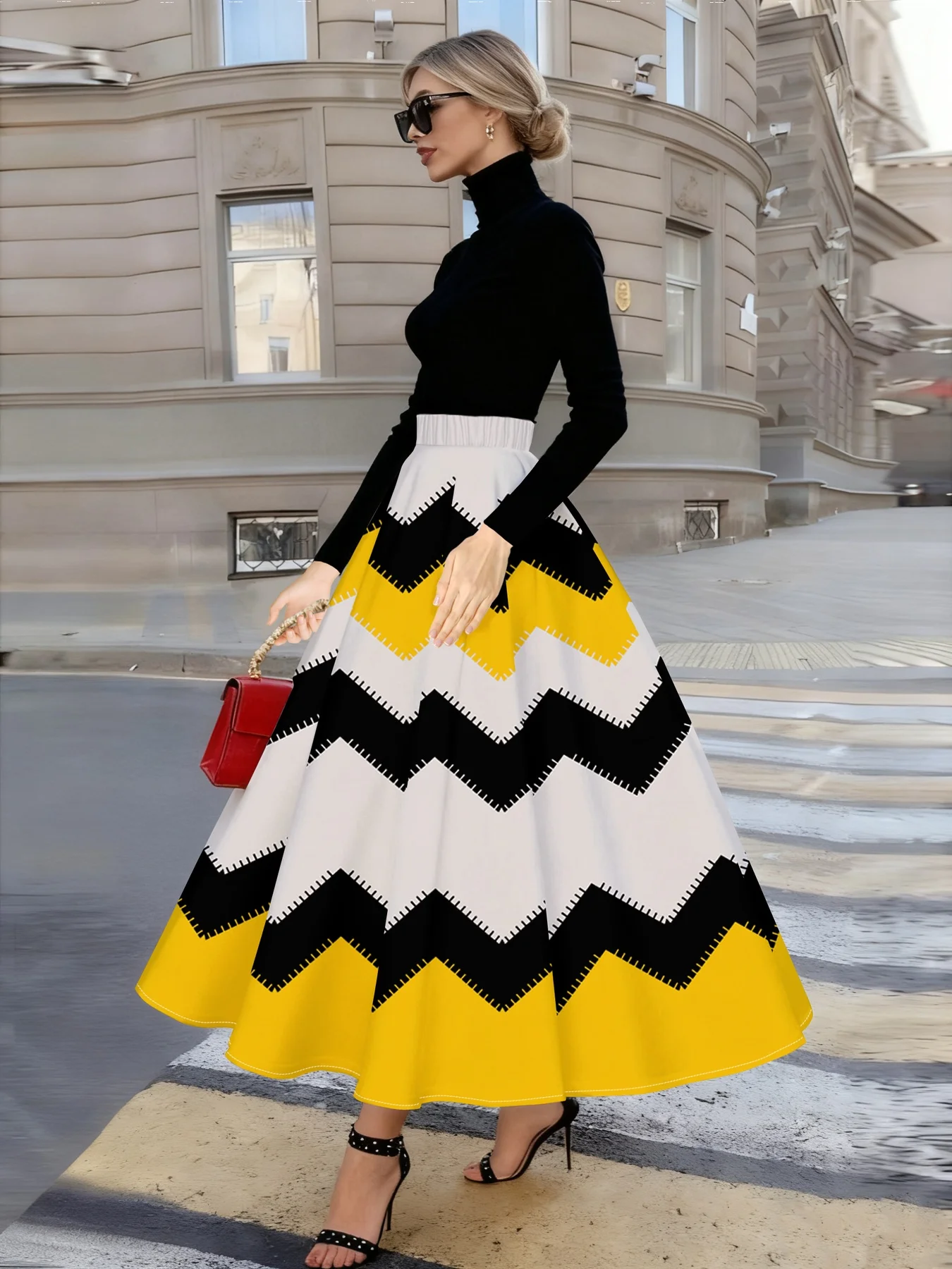 Printed Design suitable for all four seasons Black White Yellow Zigzag Pattern vacation style elegant style Women's Skirt