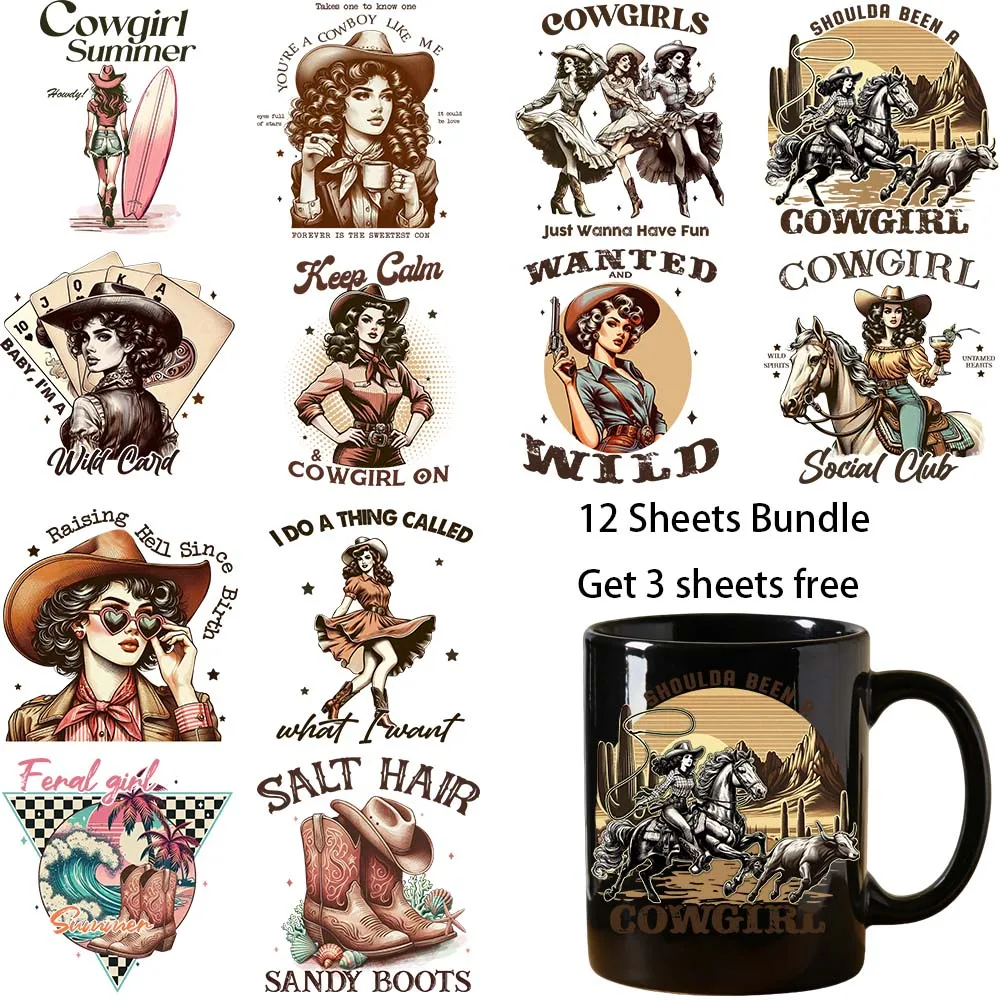 12 bundle 4 inches Western Cowgirl uvdtf Sticker Party DIY Decals 3D transfers uvdtf tumbler seal stickers 16oz uv dtf cup wraps