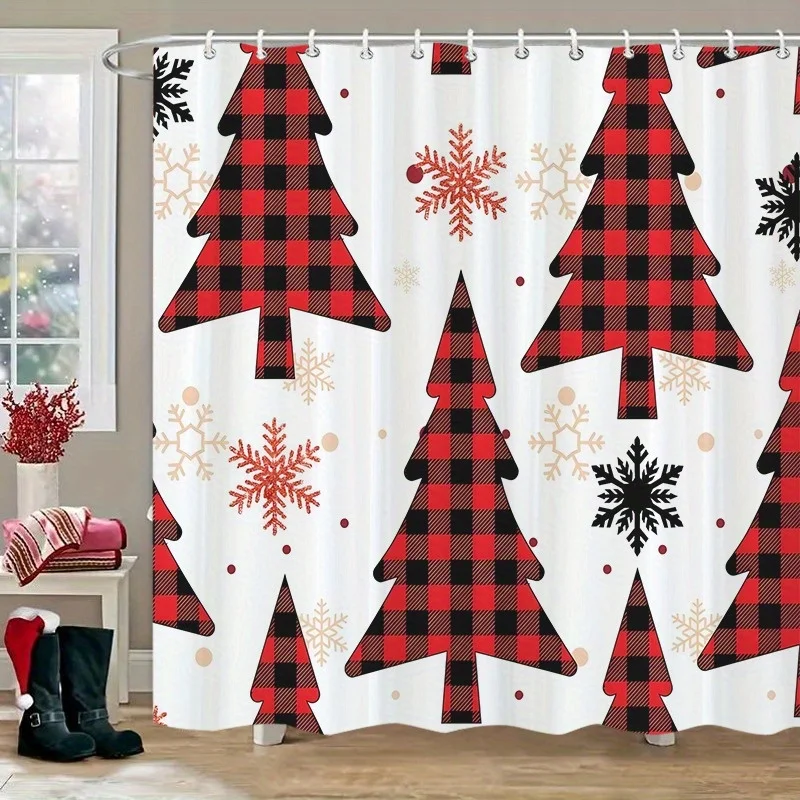 

1pc Red and black plaid snowflake pattern shower curtain, polyester fabric, machine washable, suitable for bathroom decoration