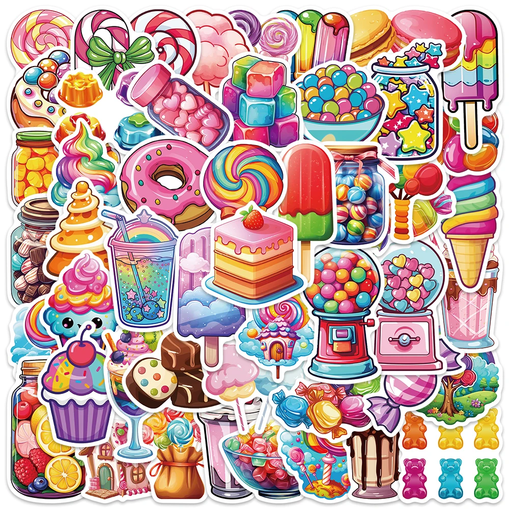 50pcs Aesthetic Cartoon Dessert Lollipop Candy Stickers Cute Kids Water Bottle Sticker Luggage Laptop Guitar Waterproof Decals