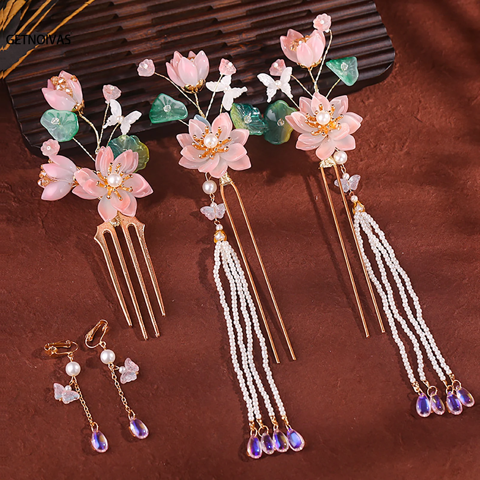 Chinese Style Hanfu Pearl Flower Hairpin Hair Clip Earrings Set Headband For Women Wedding Bridal Hair Accessories Jewelry