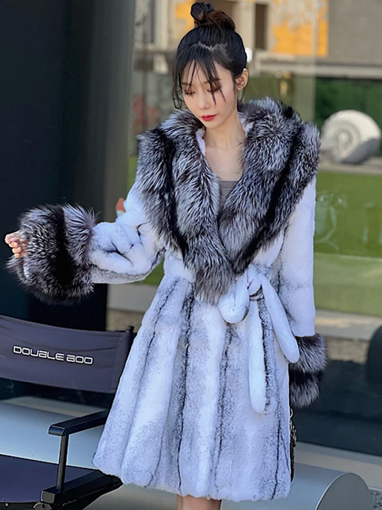 Winter Women Real Rabbit Fur Coat Long Natural Rabbit Fur Jacket