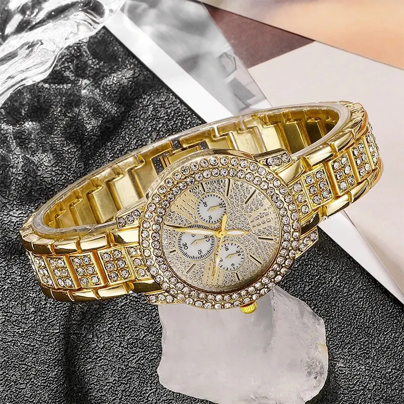 Women\'s Quartz Watch Gold Luxury Women Ring Necklace Earring Rhinestone Fashion Wristwatch Casual Ladies Watches Jewelry Set