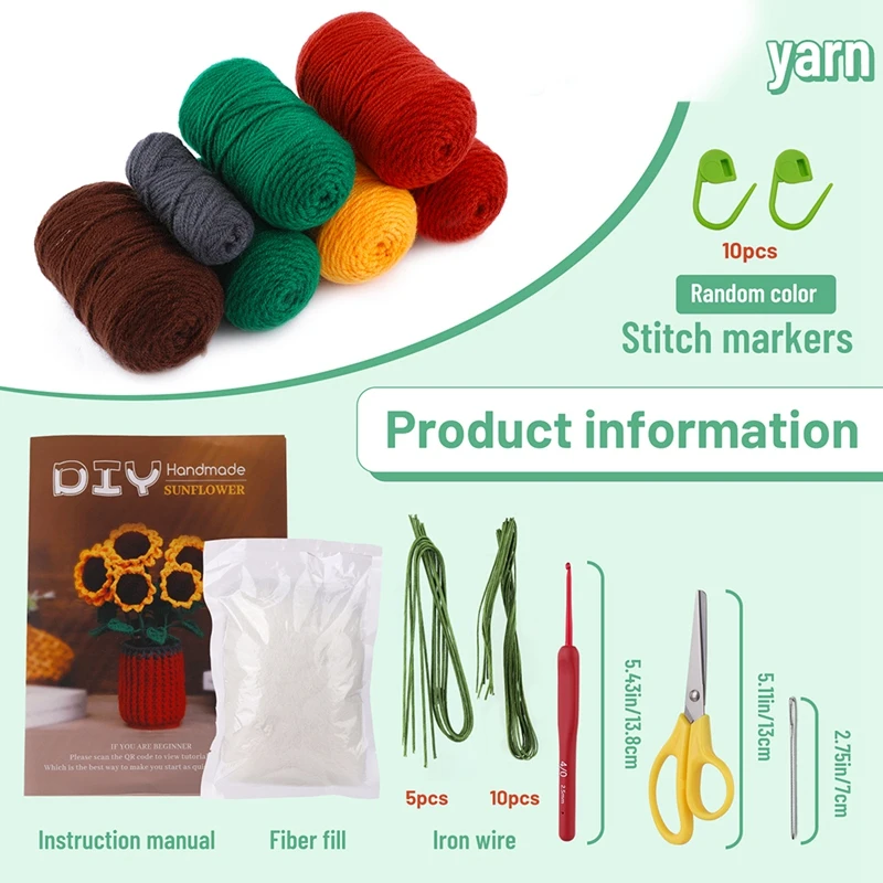 Kit de crochê diy girassol planta crochê kit com agulhas de fio de tricô boneca de pelúcia fácil