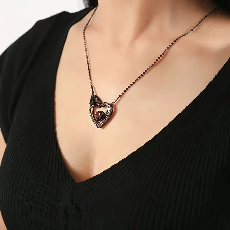 Gothic Style Women's Fashion Necklace, Hollow Heart Promise Pendant with Red Zirconia, Copper Necklace, Synthetic Cubic Zirconia