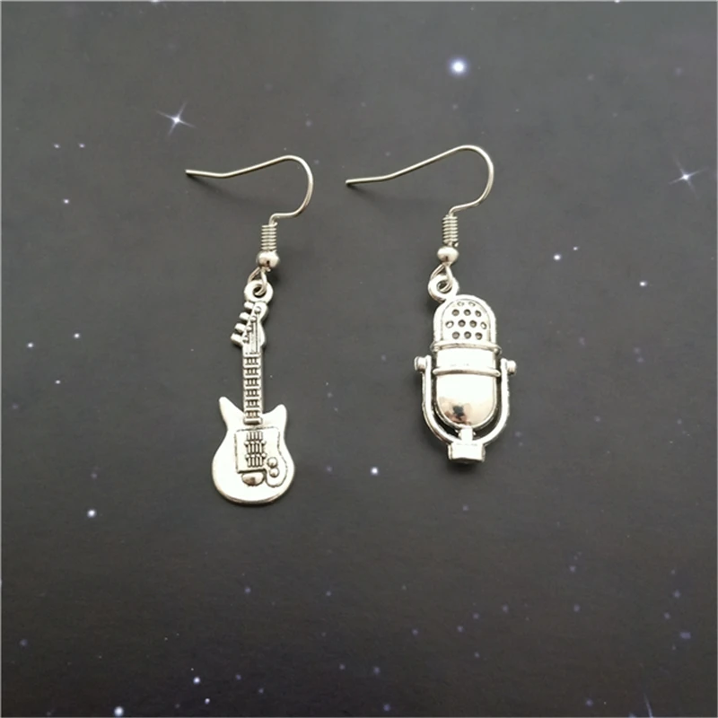 Guitar and Microphone Earrings, Original Jewelry, Antiqued Silver Color Guitar Earrings, Music Jewelry, Nostalgic Jewelry