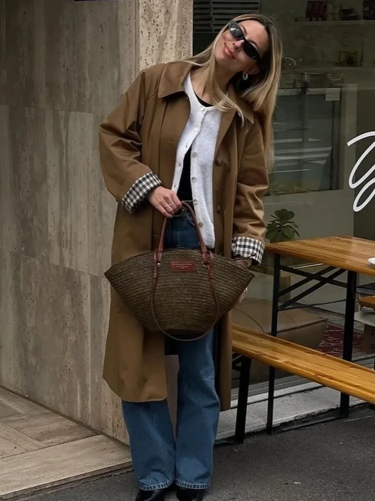 

Elegant Plaid Lapel Long Windbreaker Women Fashion Single Breasted Full Sleeve Solid Coat 2025 Spring Lady High Street Outwear