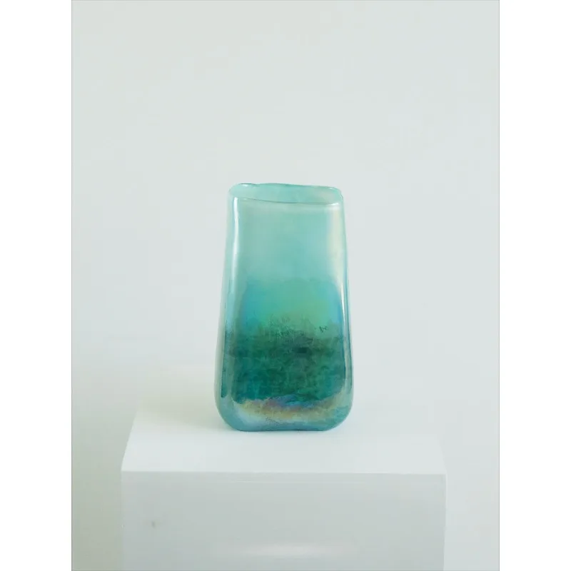 New Chinese oriental atmosphere handmade art gradual change blue-green glazed glass straight vase home soft decoration